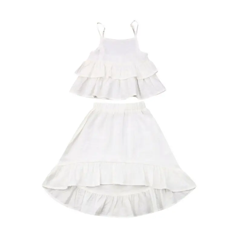 

Kids Baby Girl Ruffles Clothes Sets Summer Beach Style White 2Pcs Sleeveless Sling Crop Tops Skirts Child Girl Outfits 2-7Y