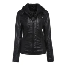 Hooded Faux Leather Jacket Slim Double Layer Women Autumn Winter Warm PU Jackets Coat Long Sleeve Vintage Hoodies Parka Coats