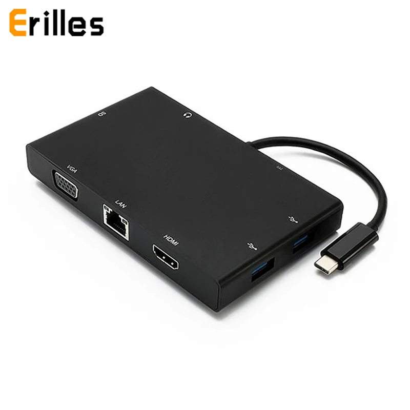 

USB Type C to HDMI 4K VGA Rj45 1000M Gigabite Ethernet USB C Hub to 3.5mm Jack Audio AUX Cable SD USB 3.0 Adapter for Macbook