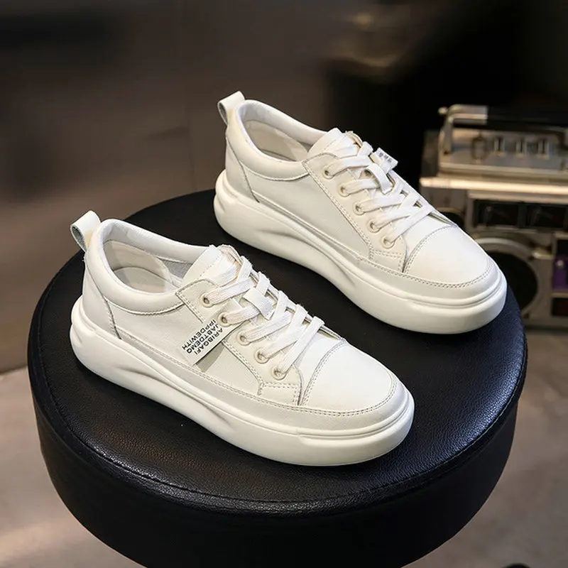 

New Fashion Ladies sneaker Casual Shoes Thick bottom Women Vulcanize Lace-up Comfortable low-top Genuine Leather Shoes sdc45