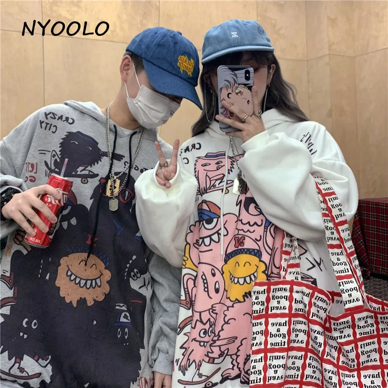 NYOOLO Harajuku уличная мультяшная граффити Печать толстые теплые худи Осень Зима Свободный пуловер с капюшоном флисовая Толстовка для женщин и мужчин