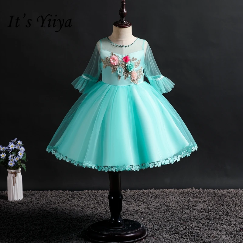 It's Yiya/Платья с цветочным узором для девочек детские праздничные платья для причастия 5 цветов, круглый вырез, отделка бисером, бальное платье, 726 - Цвет: green