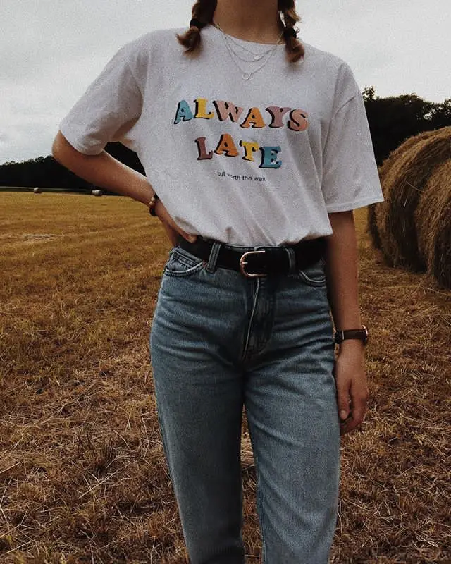 Kuakuayu HJN всегда поздняя, но WorthThe Wait Tumblr футболка с фразами 90s мода гранж Эстетическая красочные печатные футболки хипстеры