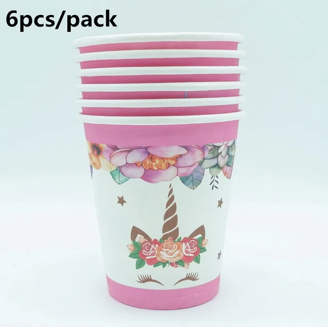 6pcs Unicorn Birthday Party Decors Disposable Tableware Paper Cup Plate Banner Set Unicorn balloon Baby Shower Kids Party Supplies - Color: 6pcs