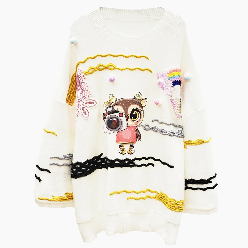 Белый Осенняя и зимняя мода блестки Harajuku стиль мультфильма печати с длинными рукавами большой свободная одежда свитер женский пуловер женщин - Цвет: Белый