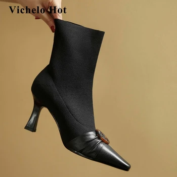 

Vichelo Hot french romantic sock boots real leather knitting small square toe thin high heel slip on sweet fairy ankle boots L63