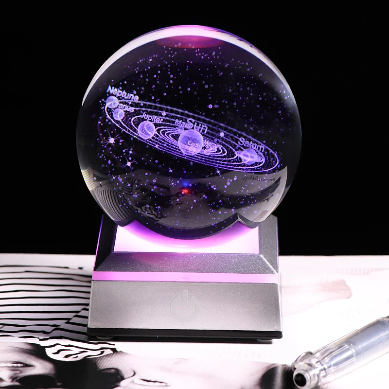 8 CM Solar System Globe Planet Galaxy Ball K9 Crystal Balls 3D Laser Engraved Moon with Night-Light LED Stand Base Cosmic | Дом и сад