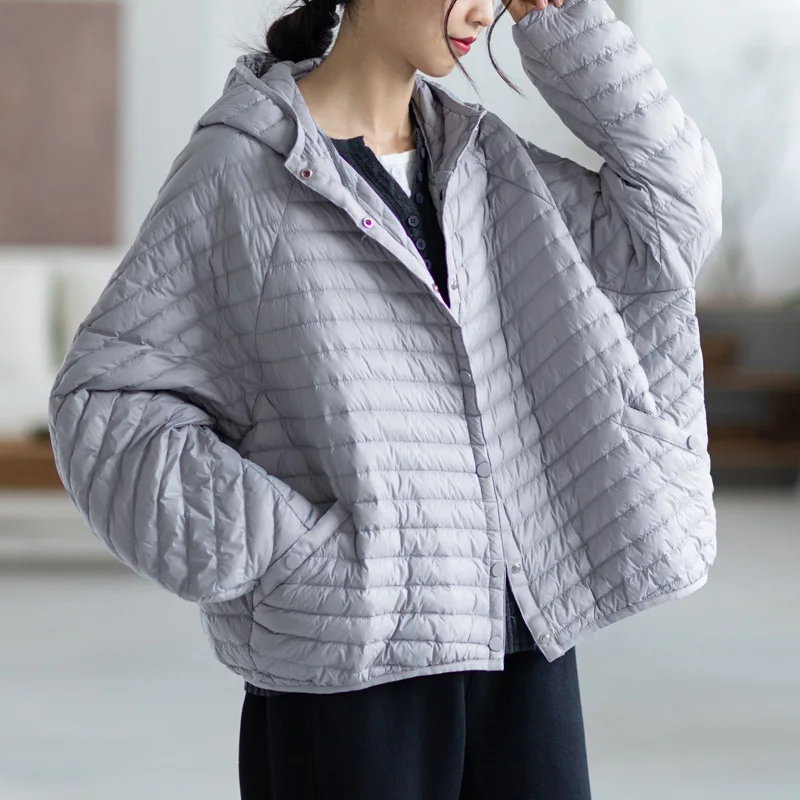 

Bat sleeve loose plus size jacket women fashion hooded white duck down lightweight down jacket long sleeve solid color top 2021