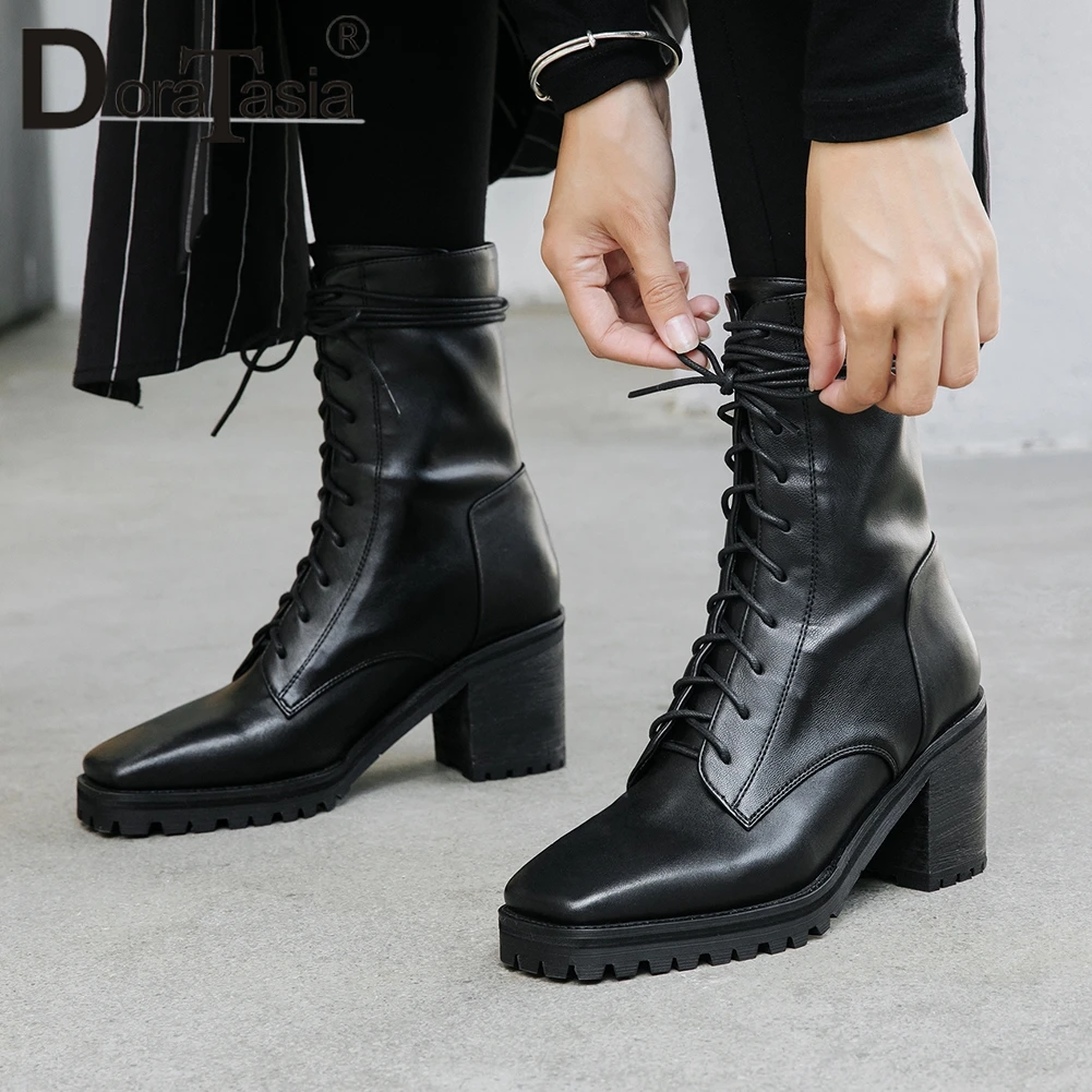 

DORATASIA New Brand Genuine Leather Ladies High Chunky Heels Shoes Woman Casual Office Cross Tied Autumn Winter Ankle Boots