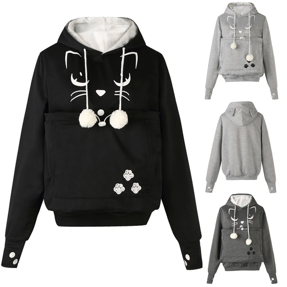 Women Sweatshirt Cat Face Printed Hoodies Plus Size Thicker Velvet Autumn Winter warm Drawstring pocket keep pet Sweatshirt