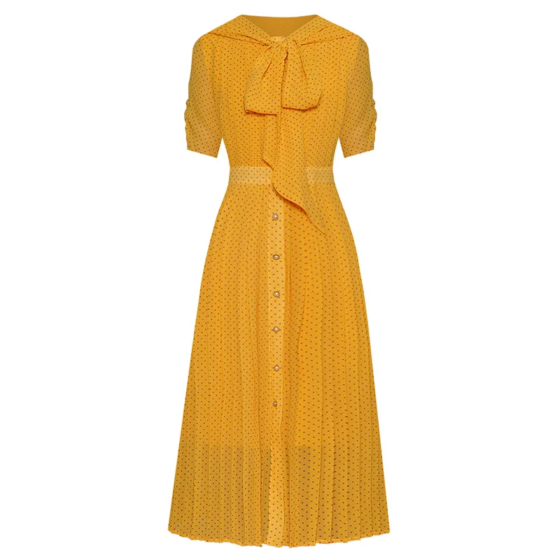 

yellow chiffon polka dot dress preppy style bow collar ruched half sleeve mid-calf length button down woman shirt dress