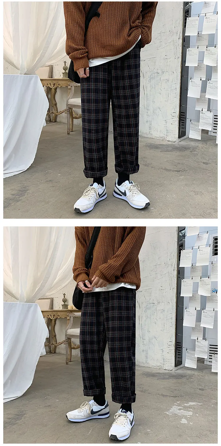 Осень и зима Корейская версия простые шерстяные клетчатые брюки прямые повседневные универсальные пара свободные брюки на шнурке мужские плюшевые n