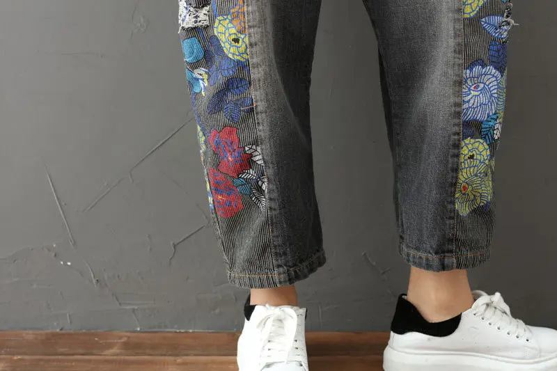 Джинсы больших размеров, комбинезоны с цветочным принтом, модные джинсовые комбинезоны для женщин, Свободные Комбинезоны в стиле хип-хоп, штаны на подтяжках, уличная одежда
