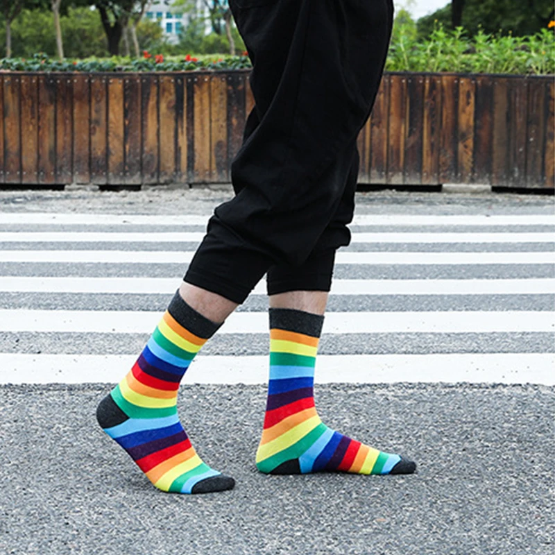 Осень Зима забавные носки Harajuku полосатые носки женские хлопковые белые радужные носки с принтом Длинные теплые носки до лодыжки
