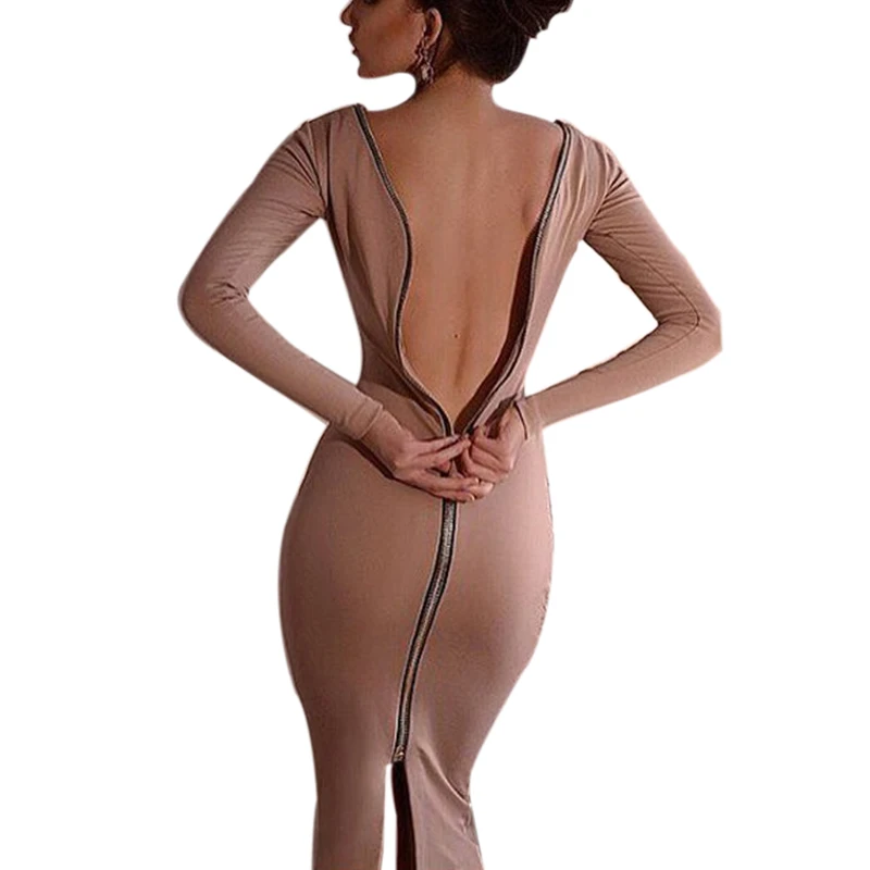 

2019 Autumn Sheath O-neck Long Sleeve Party Tight Back Zipper Women Bodycon Sexy Club Midi Dress Winter Lady M0005