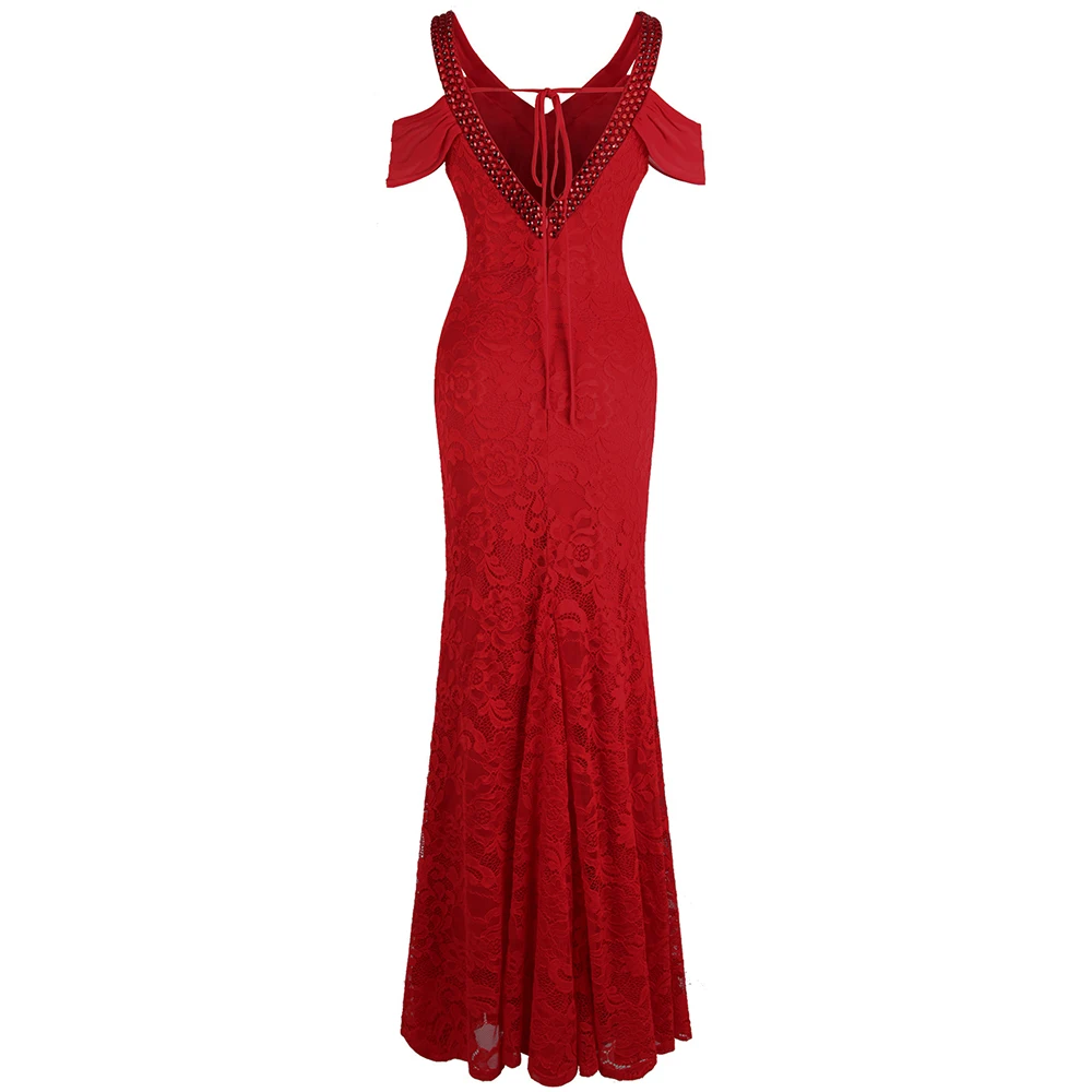 Angel-Fashion женские кружевные вечерние платья с открытыми плечами и v-образным вырезом, длинное свадебное вечернее платье с замочной скважиной красного цвета 477
