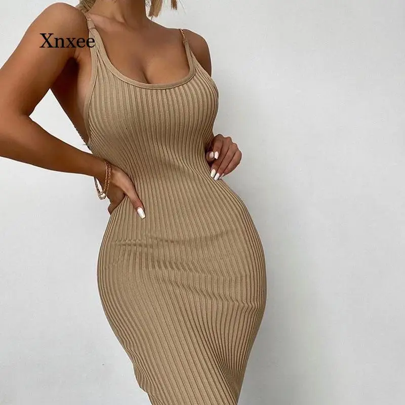 

Backless Chain Pencil Dresswomen Chain Spaghetti Strap Sexy Rib Knitted Long Dresses Elegant Ladies Party Club Vestidos Outfits