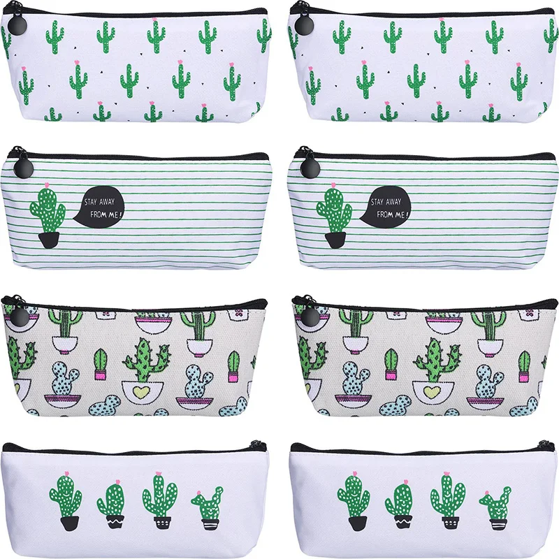 

8 Pieces Small Fresh Pen Case Pencil Bag Canvas Pencil Pen Case Pen Holder Cosmetic Makeup Bag Set (Cactus Style)