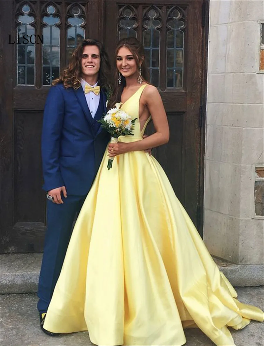 

Robe de Soiree Yellow Sexy Deep V Neck Long Train Simple Satin A-line Wedding Dress Party Backless Women Bridal Gown with Pocket