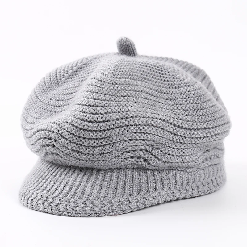 Женский двухслойный однотонный Зимний вязаный восьмиугольный берет шапки на