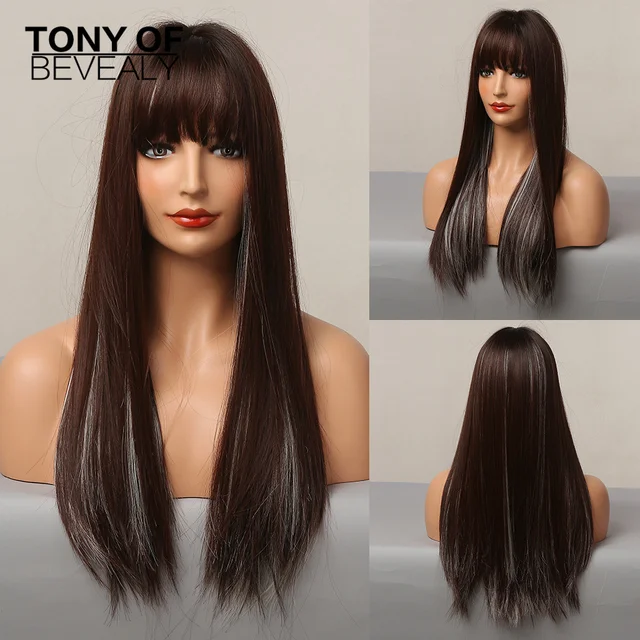 Long Straight Brown Ombre Natural Hair Wigs Middle Part Heat Resistant Synthetic Wigs for Afro Women Daily Cosplay Fashion Wigs lc5214-1