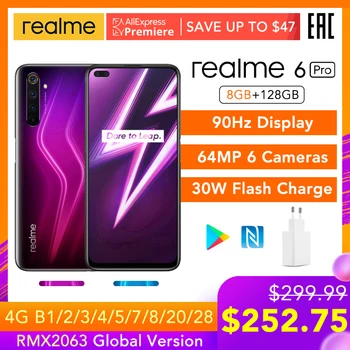 Перейти на Алиэкспресс и купить Realme 6 Pro 6pro 8 ГБ ОЗУ 128 Гб ПЗУ глобальная Версия Мобильный телефон Snapdragon 720G 30 Вт флеш-зарядка 64 мп камера EU вилка NFCellphone