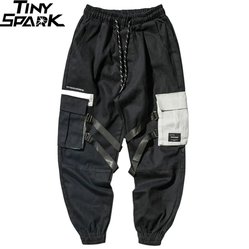 

Harajuku Hip Hip Cargo Pants Streetwear Mens Harem Pants Joggers 2019 Ribbon Big Pockets Tactical Pants Cotton Trousers Casual