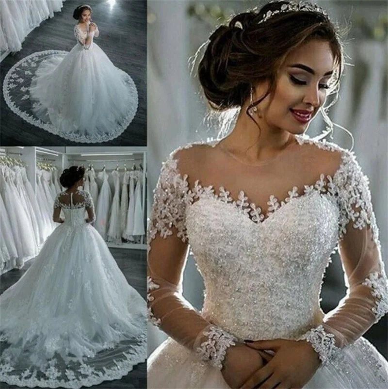 『Cheap!!!』- Luxury Applique Crystal Ball Wedding Dresses With
Gorgeous Jewel Long Sleeve Covered Button Back Sweep Train Bridal Gowns