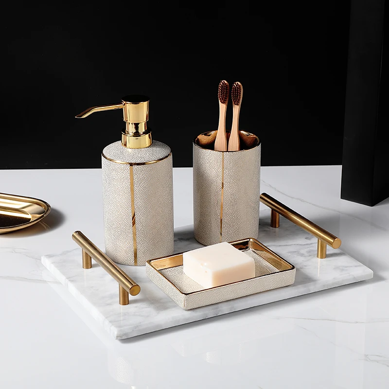 Ceramic Liquid Soap Dispenser Lotion Dispensing Bottle Soap Dish Toothbrush Holder Dispenser Gold Bathroom Accessories Sets