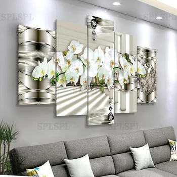 

Modern Wall Painting 5 Panels White Flowers Posters and Prints Abstract Orchids Canvas Painting Wall Pictures for Living Room