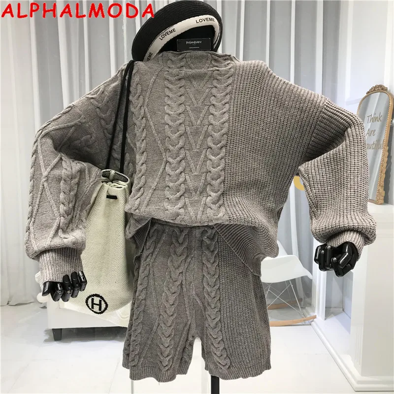 ALPHALMODA, зимний женский модный Свободный пуловер, Ретро стиль, твист, толстый свитер+ шорты, вязанный двухсекционный костюм, Одноцветный, Хит, Короткие комплекты