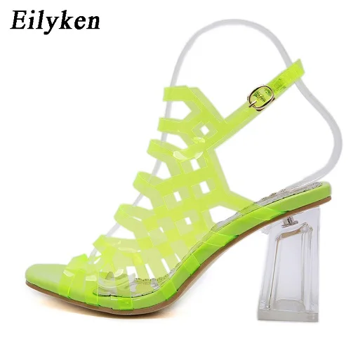 Green Eilyken/Новинка года; Серебристые прозрачные женские босоножки из ПВХ на высоком каблуке; прозрачные женские босоножки с ремешком на щиколотке; большие размеры 34-40 - Цвет: Green