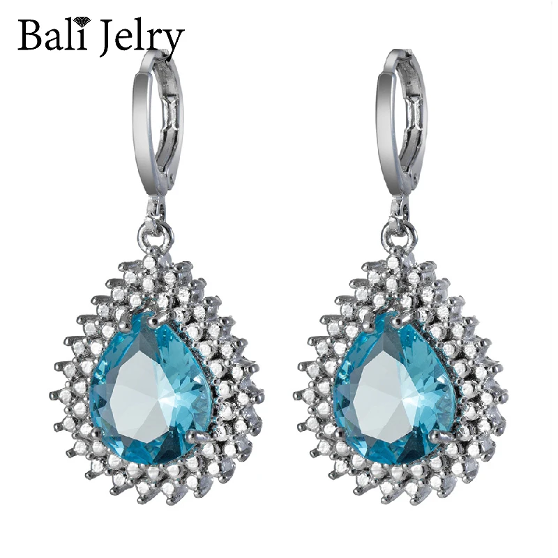 

BaliJelry Trendy Silver 925 Earring Jewelry Water Drop Shape Sapphire Gemstone Earrings for Women Wedding Engagement Accessories