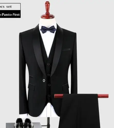 

New Men Single-breasted British Style Suit Shawl Collar Slim Wedding Ceremonial Pure Color Three-piece Set Business Casual Suit