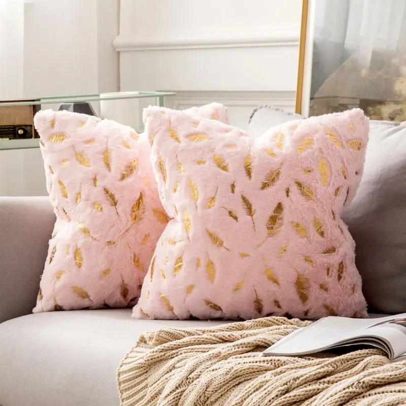 Light Pink Упаковка из 2 декоративных наволочек плюшевый искусственный мех с золотыми перьями позолоченные листья, чехлы на подушку мягкие пушистые чехлы - Цвет: Light Pink