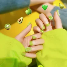 24 шт поддельные ногти набор маленькие свежие флуоресцентные зеленые короткие круглые ногти с клеем Модные индивидуальные накладные ногти TN