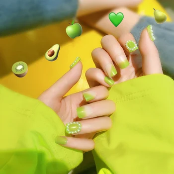 

24pcs fake nails set Small Fresh Fluorescent Green Short Round Head Fake Nails with Glue Fashion Personality False Nail Tips TN