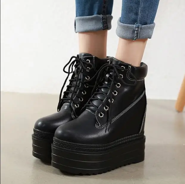 13CM super high heel wedge shorts sponge cake black front tie bare boots female