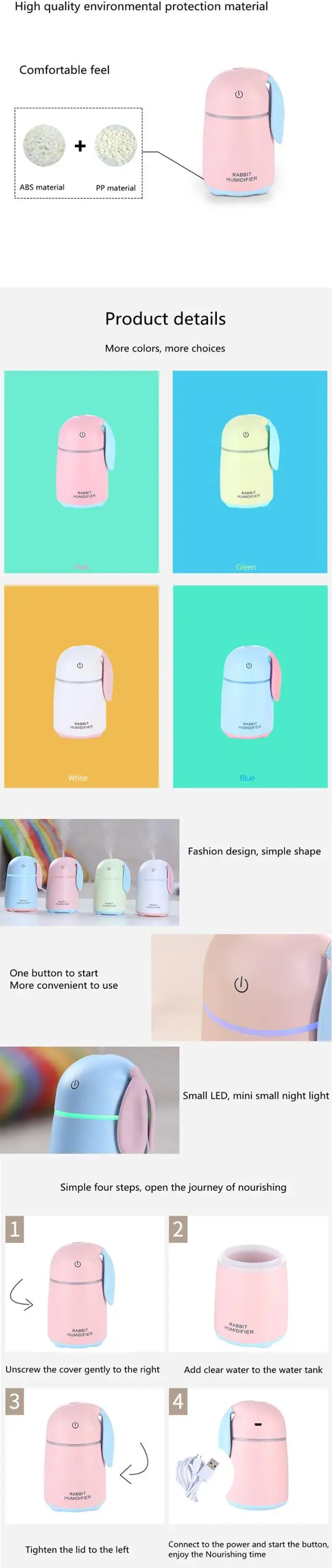 Ultrasonic Air Humidifier for Baby Pregnant Cartoon Rabbit 250ML USB Essential Oil Diffuser LED Light Lamp Car