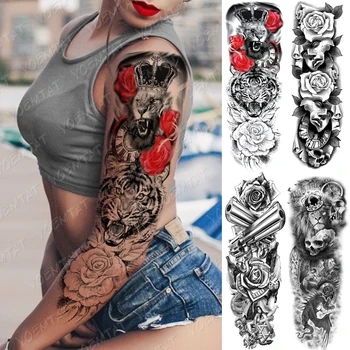 

Large Arm Sleeve Tattoo Lion Gun Rose Crown Waterproof Temporary Tatto Sticker Mask King Body Art Full Fake Tatoo Women Men