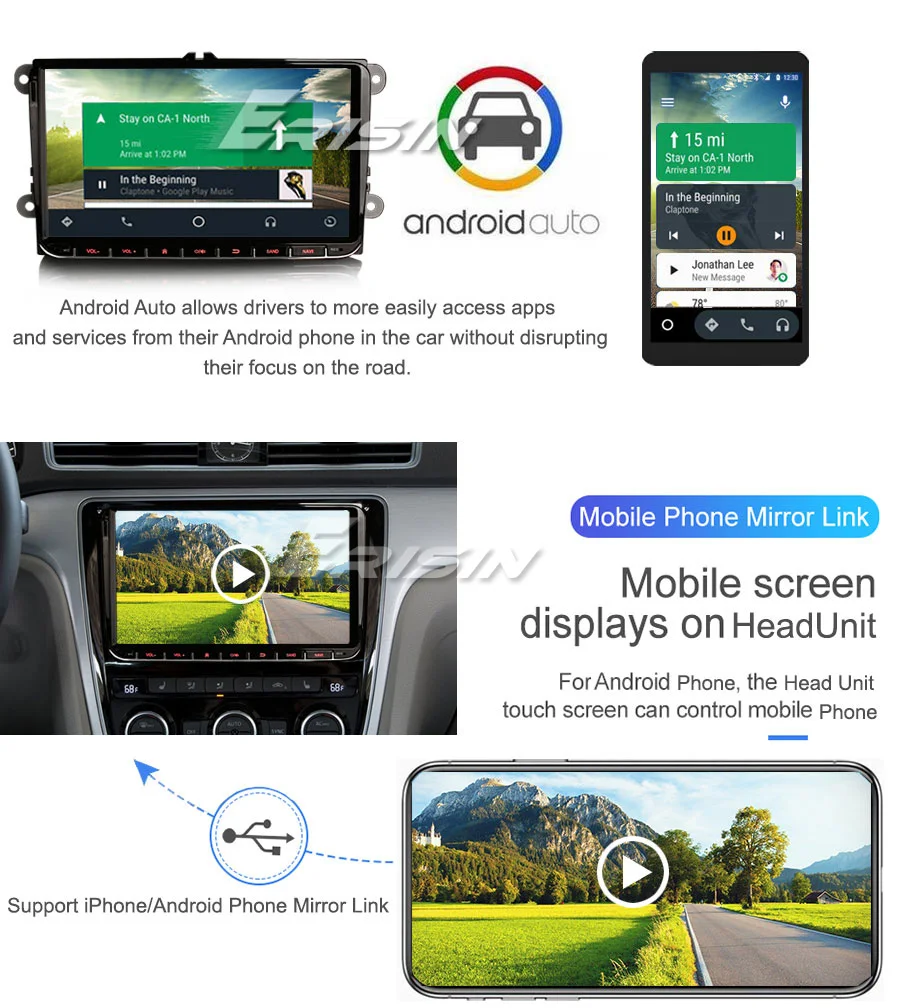 Erisin ES222 CarPlay ключ USB Android автомобильный SatNav коробка зеркало BT для iPhone IOS Android авто