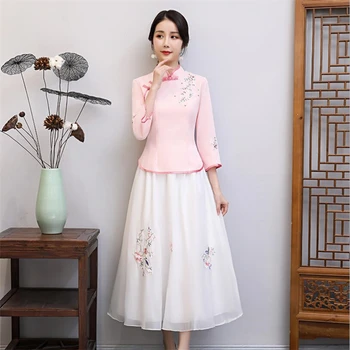 

2020 Flower embroidery shirt+skirt qipao suit for women Modern chinese clothing Traditional collar cheongsam qipao top+skirt set
