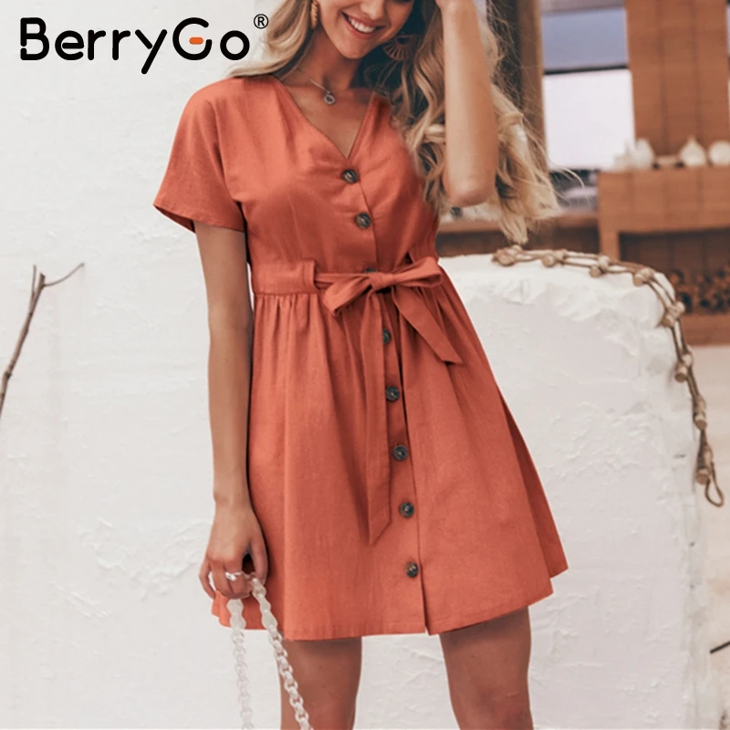 Berrygo винтажное повседневное летнее льняное платье с v-образным вырезом женское Хлопковое платье с короткими рукавами и пуговицами женское Короткое приталенное платье vestidos - Цвет: Красный