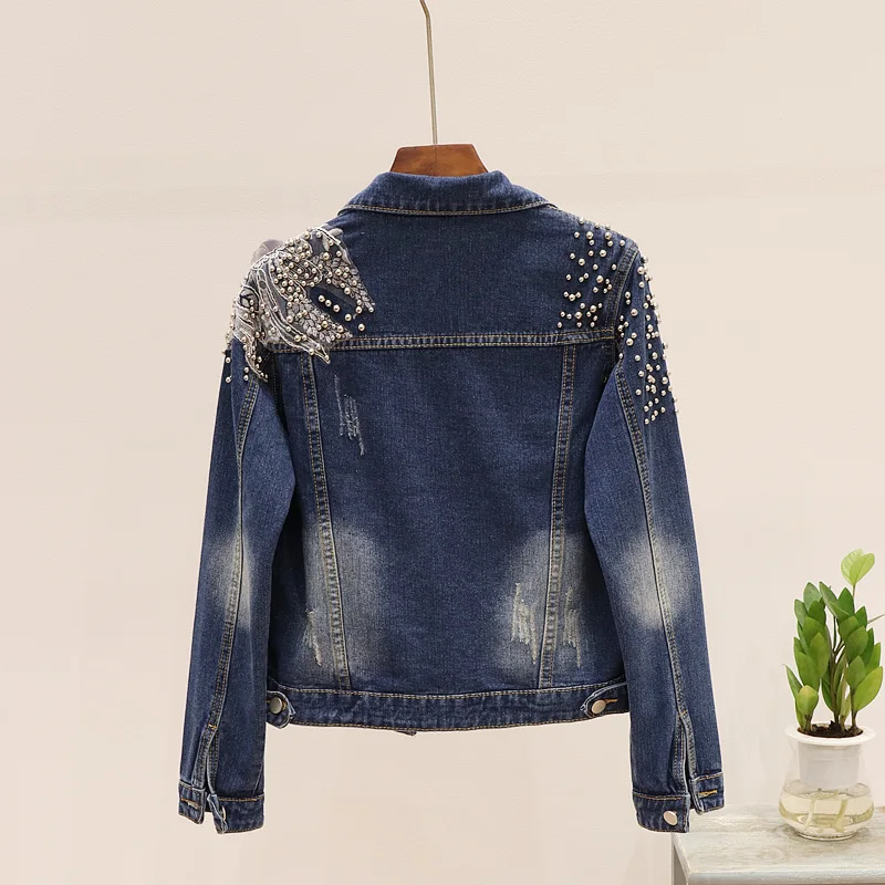Короткая синяя джинсовая куртка для женщин осень новая мода ручная шарик потертый стерео цветок короткая джинсовая куртка для женщин пальто