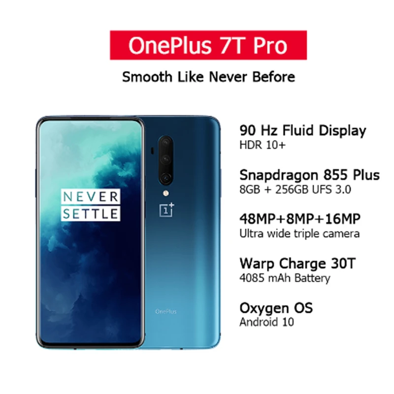 Глобальная ПЗУ OnePlus 7T Pro Snapdragon 855+ 8 Гб 12 Гб ОЗУ 256 ГБ 6,67 ''AMOLED экран 90 Гц Частота обновления 48 МП Тройная камера 4085 мА NFC