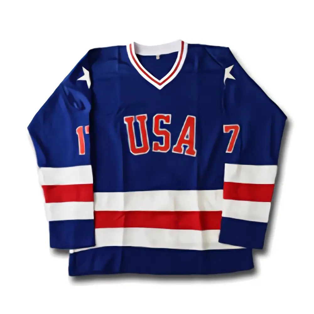 1980 Miracle On Ice Team USA 30 Jim Craig Jersey 17 Jack O'Callahan 21 Mike Eruzione Blau Weiß Genäht Eis hockey trikots