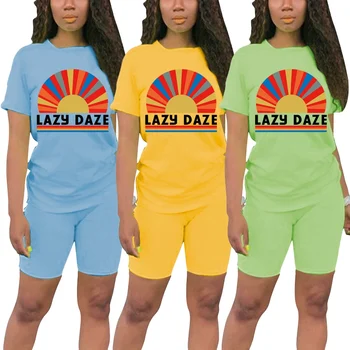 

Women Sexy Outfits Rainbow Printed Two Piece Set Summer Print T Shirts and Shorts Athletic Tracksuits Set