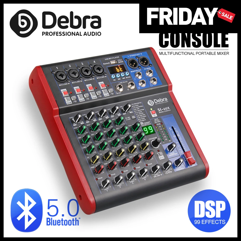 Debra Pro 6 Channel DJ Controlle with 99DSP Reverb effect Bluetooth 5.0 USB Mixer USB for karaoke PC recording condenser mic