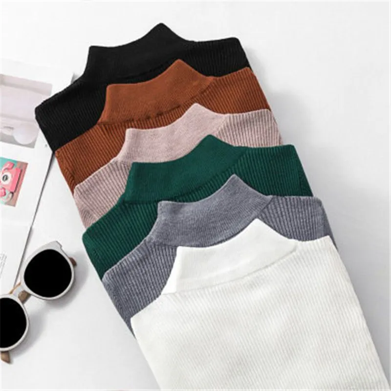 

2019 Half Turtleneck Sweater Women Autumn Solid Knitted Pullover Female Slim Soft Elastic Sweaters Bottoming Knit Tops 12 colors