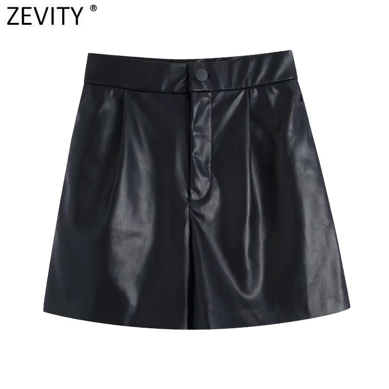 Zevity 2021 New Women Vintage Pleats Design PU Leather Hots Shorts Female Chic Side Pocket Casual Slim Pantalone Cortos P1241